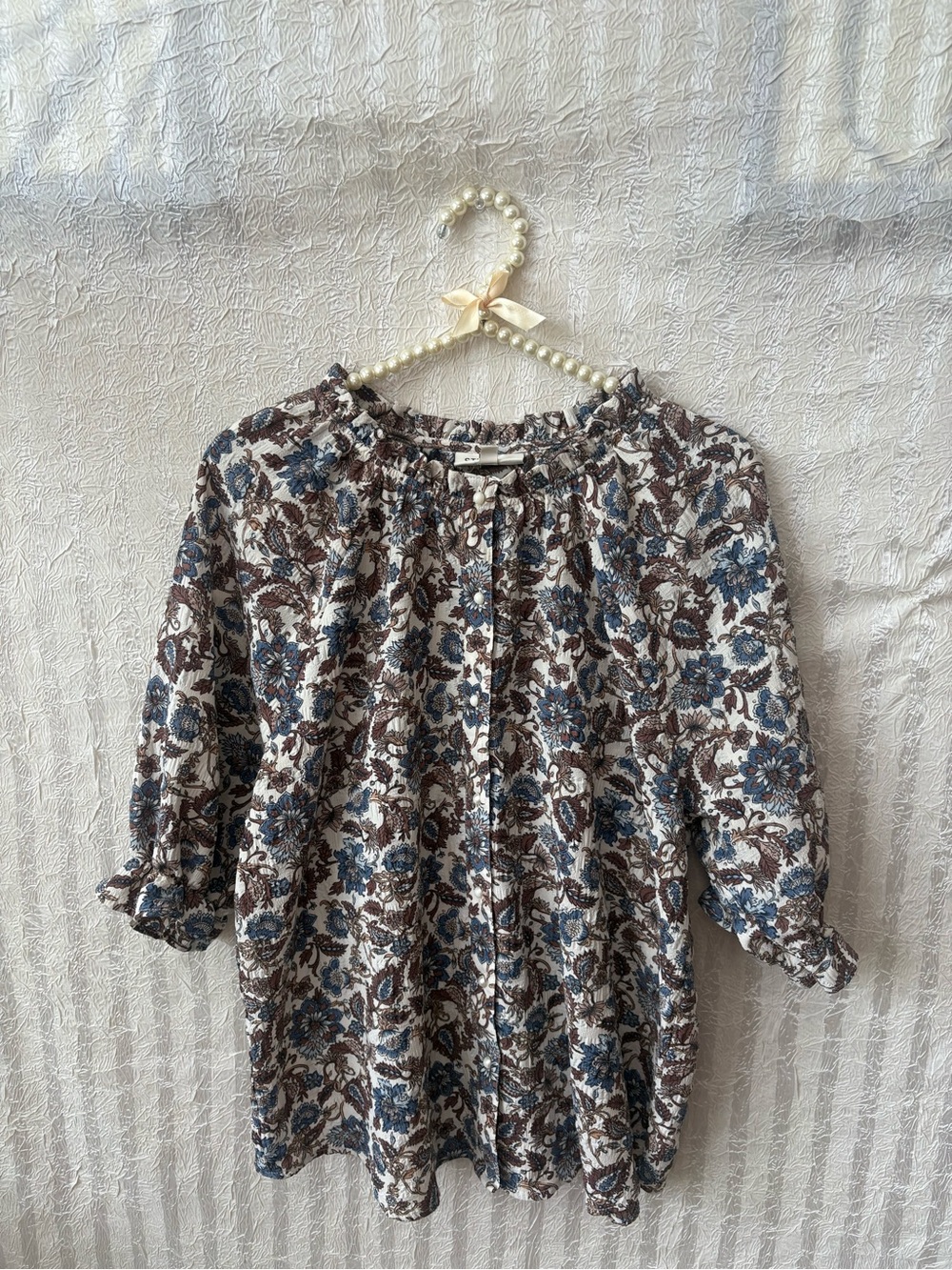 bobeau Studio B Floral Button-Down Blouse in Cream, Brown & Blue